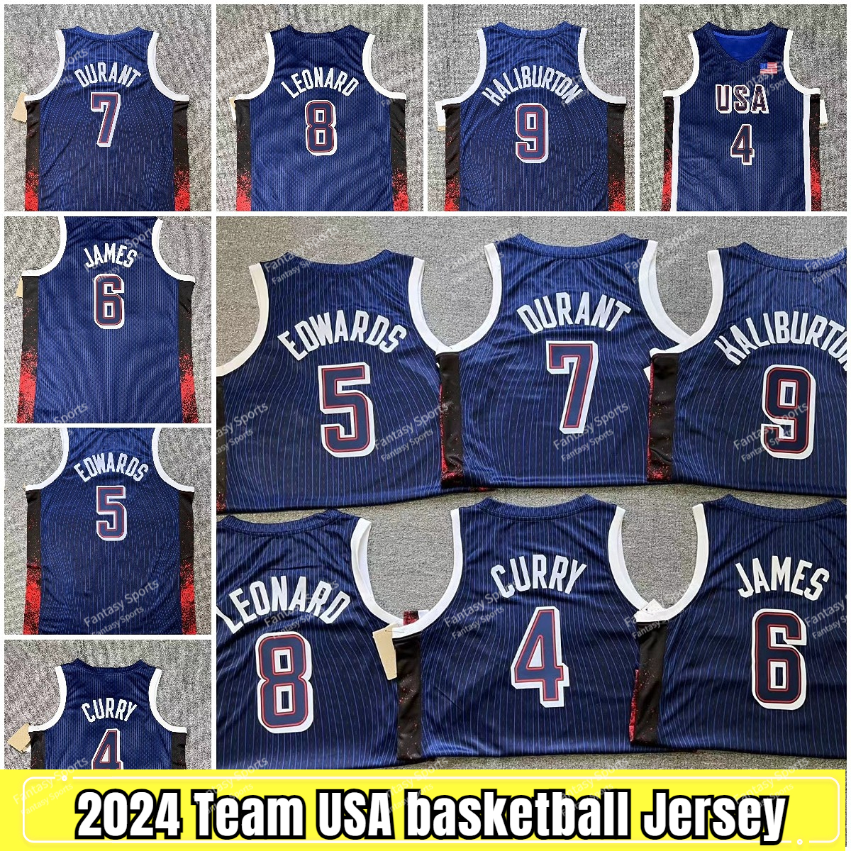 Paris 2024 USA James Stephen Curry Tyrese Haliburton Kawhi Leonard Kevin Durant Anthony Edwards Dream Team US Mens Blue Basketball Jerseys Printed 4 5 6 7 8 9