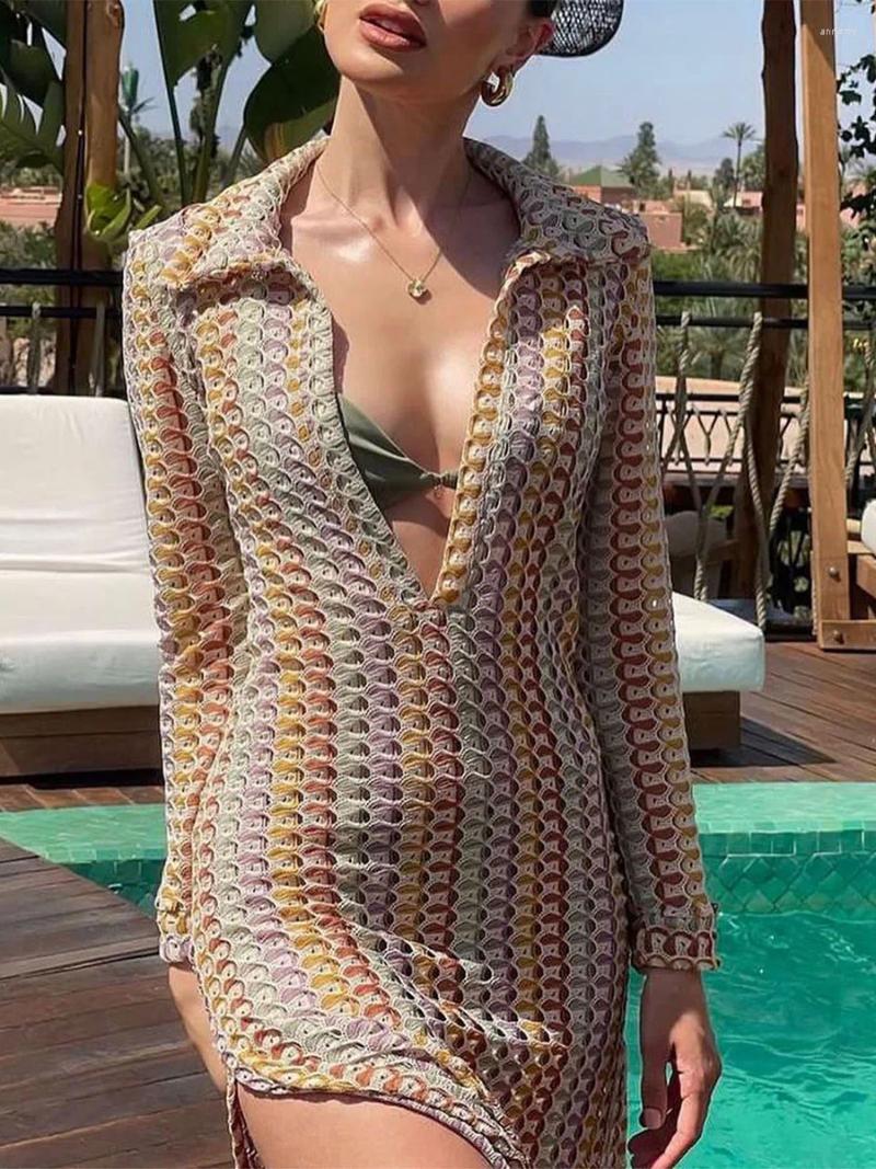 Casual Dresses Womens V Neck Crochet Maxi Long Sleeve Bodycon Dress Hollow Out Summer Thigh Slit Beach Vacation Cover Up