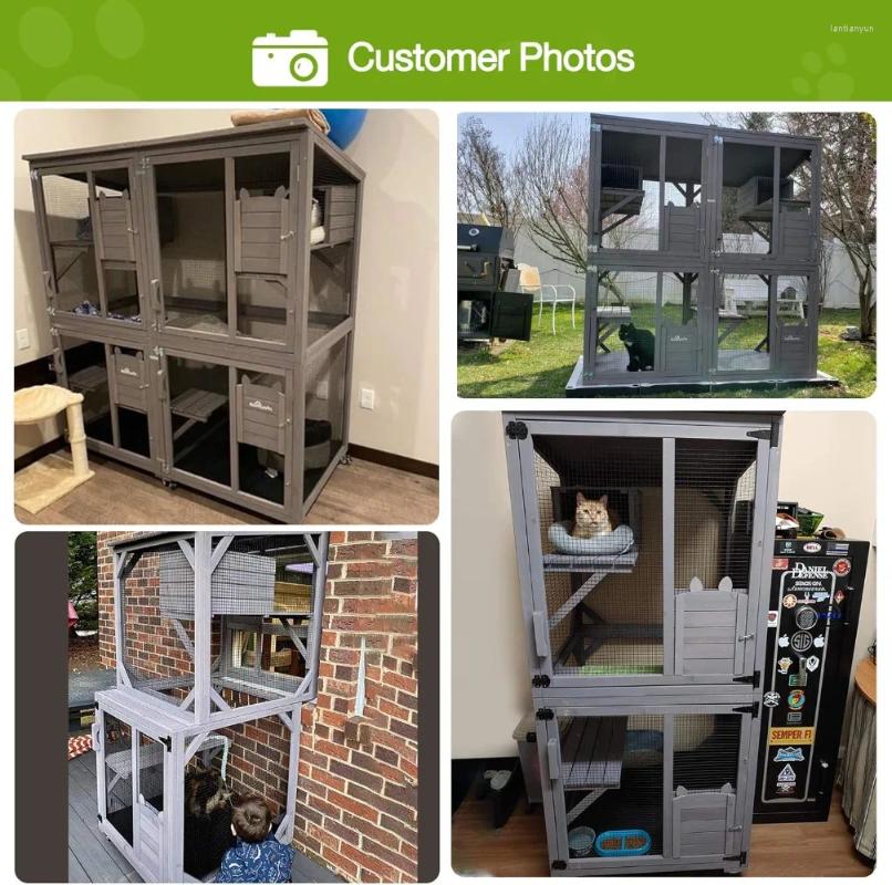 Cat Carriers House Outdoor Cage Enclosure On Wheels Large Wooden Kitty Catio With Resting Box PVC Layer
