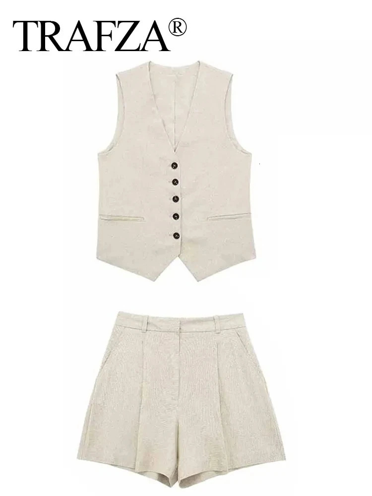 TRAFZA Vest Shorts Suit For Women Fashion Khaki Single Breasted Waistcoat Top Slim Pant Sets Female Casual Streetwear 240423