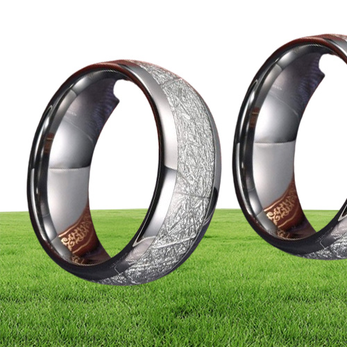 8mm Tungsten Mens Ring Inlay Meteorite Silver Polished Wedding Bands Men039s 316L Stainless Steel Ring Size 713