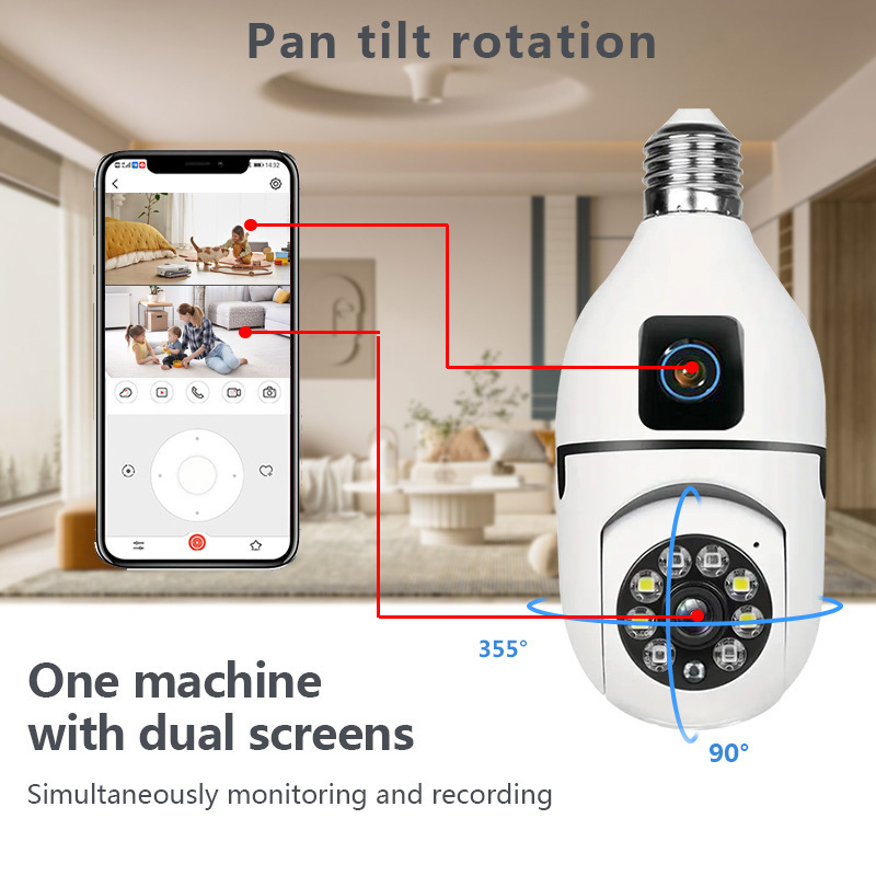 E27 Bulb Dual Lens Surveillance Camera 200W 1080P Night Vision Motion Detection Outdoor Indoor Network Security Monitor Smart Home AI Tracking