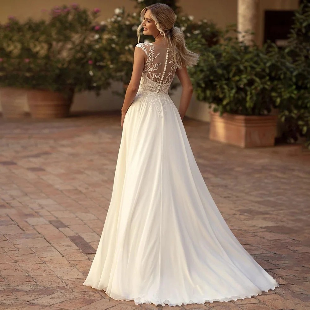Elegant Boho Lace Wedding Dress 2025 Chiffon O-Neck Illusion Back Beach Side Split Applique Bridal Party Gown Vestidos De Novia