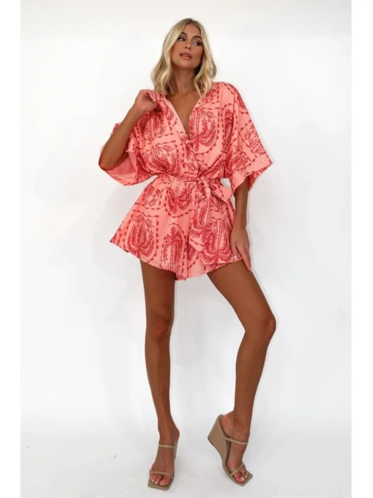 Fashion Printed Chic Jumpsuits Shorts Summer Women Vneck Casual Beach Vacation High Waist Leaceup Bodysuits Streetwear 240423