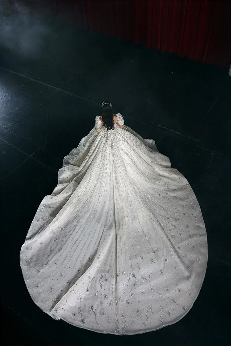 Luxurious Arabic Dubai Ball Gown Wedding Dresses Cap Sleeve Off Shoulder Beadings Crystals Sparkle Sequins Puffy Ruched Bridal Gowns Custom Made BC188