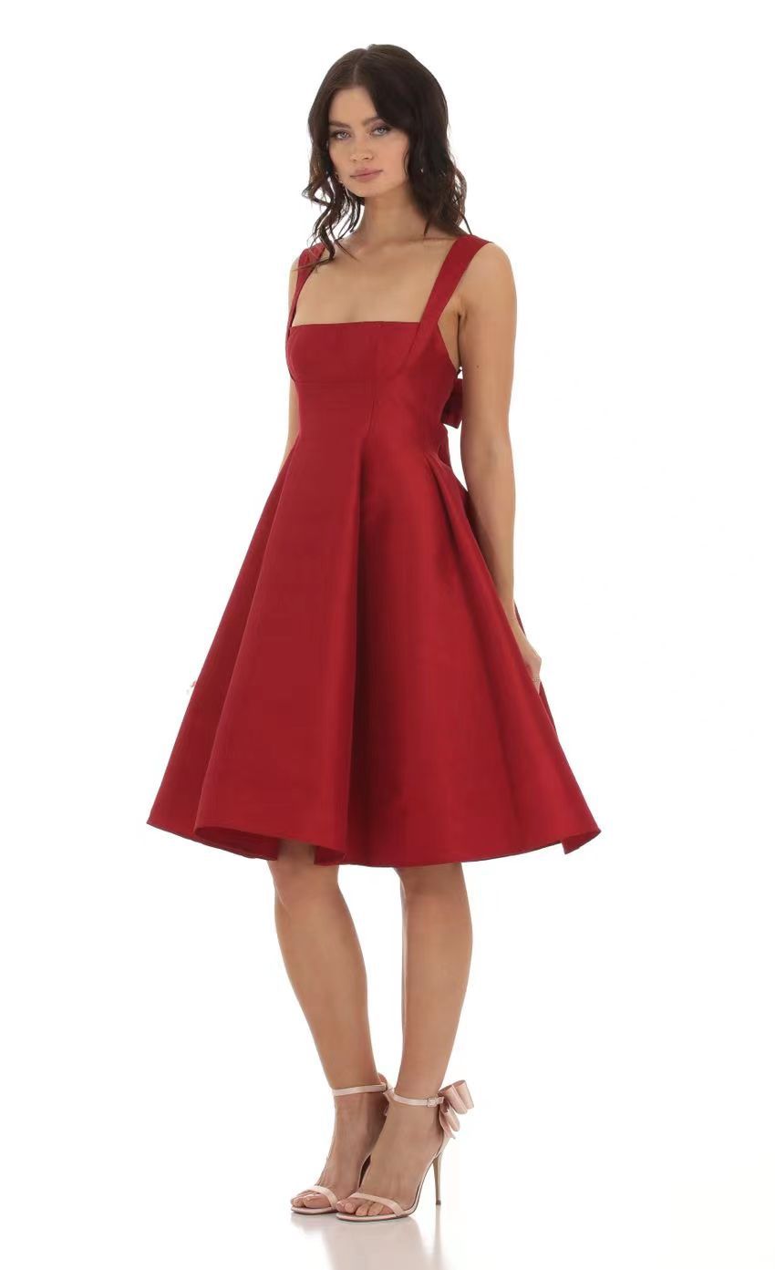 graduation Casual Dresses Fashion Bow Backless Pleated Dress For Women white Solid Square Neck Suspender Mini Summer Chic Female Party waist-cinching 