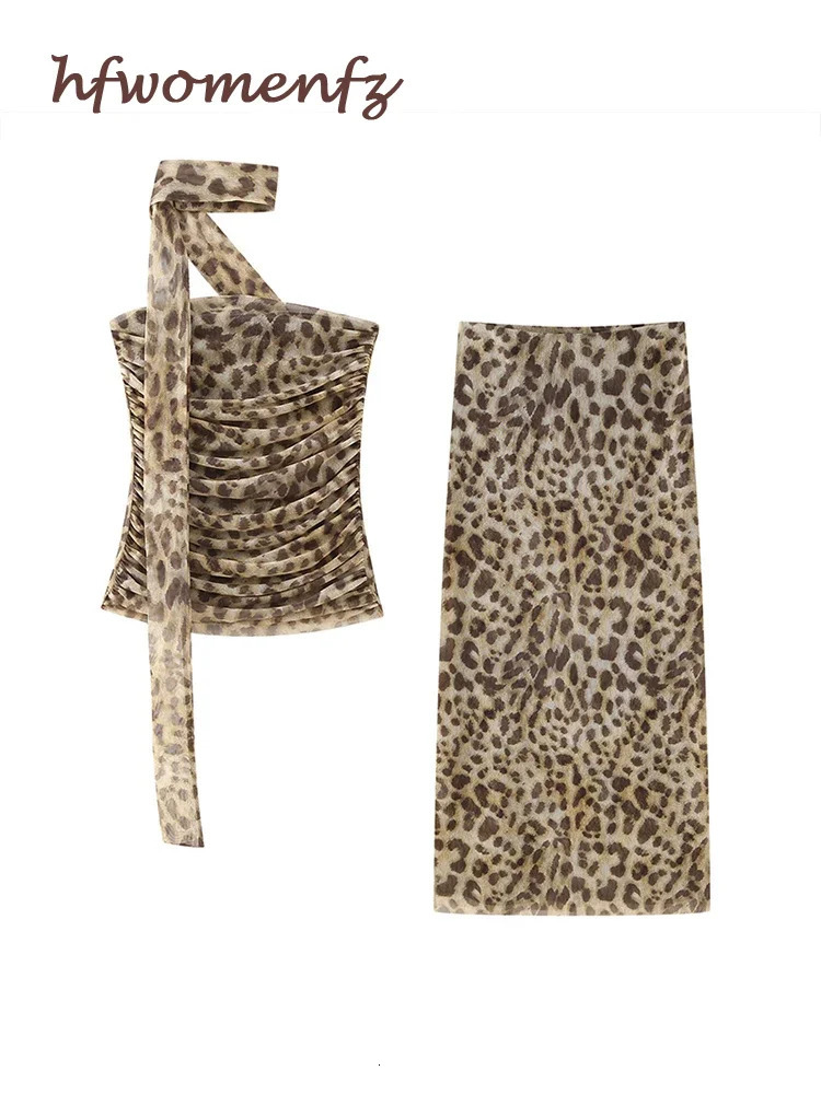 Sexy Leopard Printed Midi Skirt Sets Women 2 Pieces Summer Tube Top Womens Suit Two Piece Set Female Outfit Y2k Streetwear 240423
