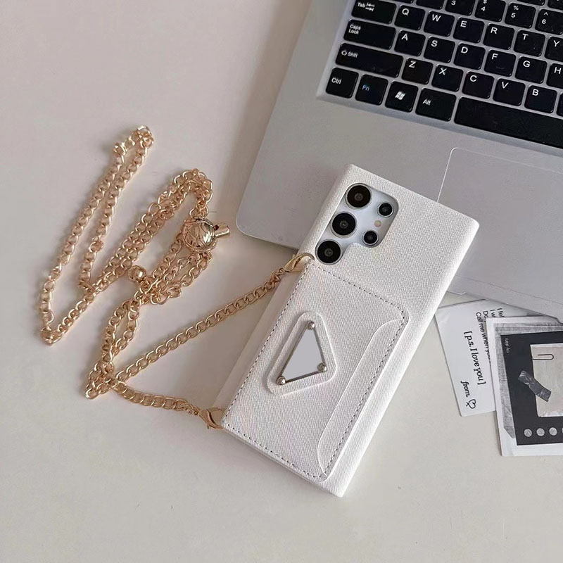 Luxury Leather Crossbody Card Holder Designer Phone Case for Apple iPhone 17 16 Samsung Galaxy S25 S24 Note 20 Ultra Golden Chains Wallet Lens Bu