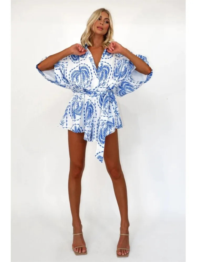 Fashion Printed Chic Jumpsuits Shorts Summer Women Vneck Casual Beach Vacation High Waist Leaceup Bodysuits Streetwear 240423