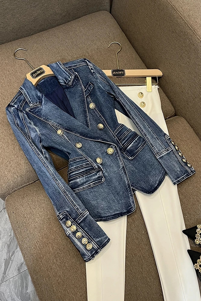 Korean Fashion Winter Denim Coat for Women Jean Jacket Button Up Clothing Long Sleeve Slim Fit Style Outwear Clothes 240423
