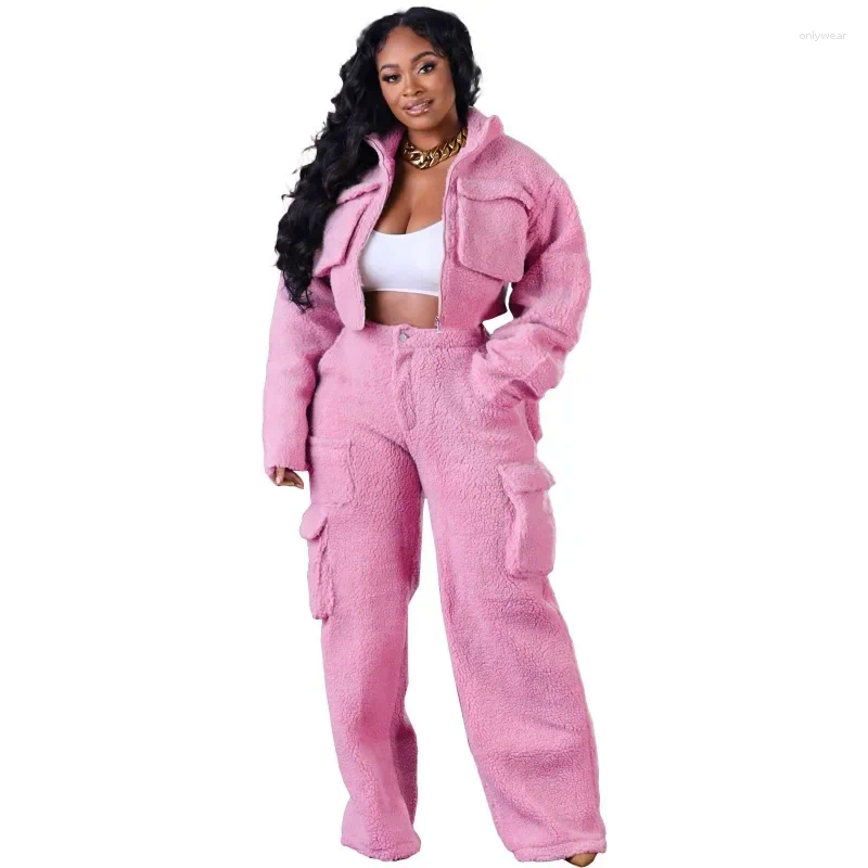Women's Two Piece Pants Woolen Fleece Sets Women 2024 Winter Long Sleeve 3D Pocket Zipper Turn-down Collar Crop Top Wide Leg Streetwear