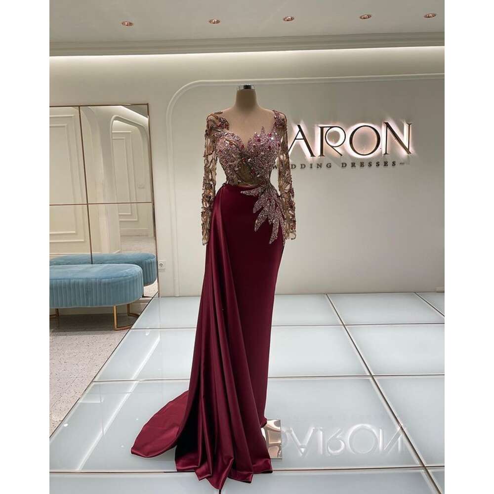 Beading Mermaid Prom Dresses Bury Long Sleeve Sexy Jewel Neck Evening Dress Party Wear Sweep Train Satin Gowns 6660306