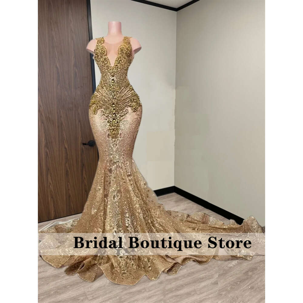Gold Dias Long Prom Dresses 2024 Sparkly Beads Rhie Crystal Sequins For Black Girls Birthday Party Gown