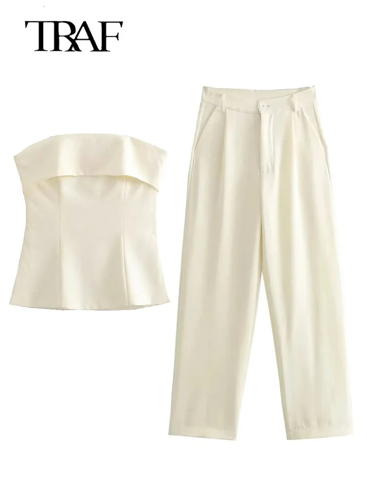 TRAF Women Two Pieces Sets Spring Summer Womens Suit Fashion Vest Wide Leg Pants Outfits 240423