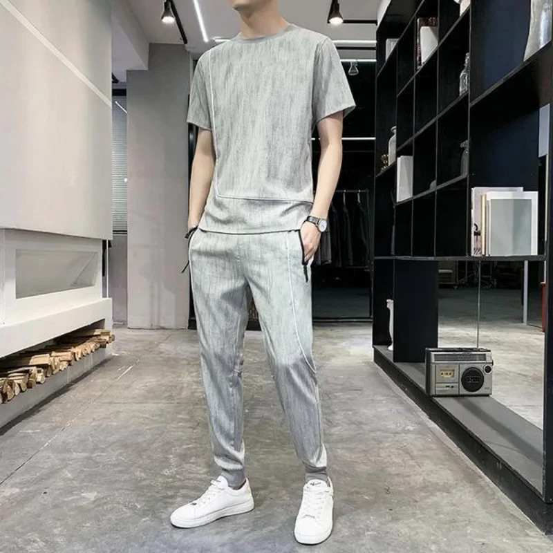 Top Gym Mens Clothing Sportswear Sports Suits Khaki T Shirt Man No Pants Sets Basic Tracksuit Fashion in Matching Chic 240429