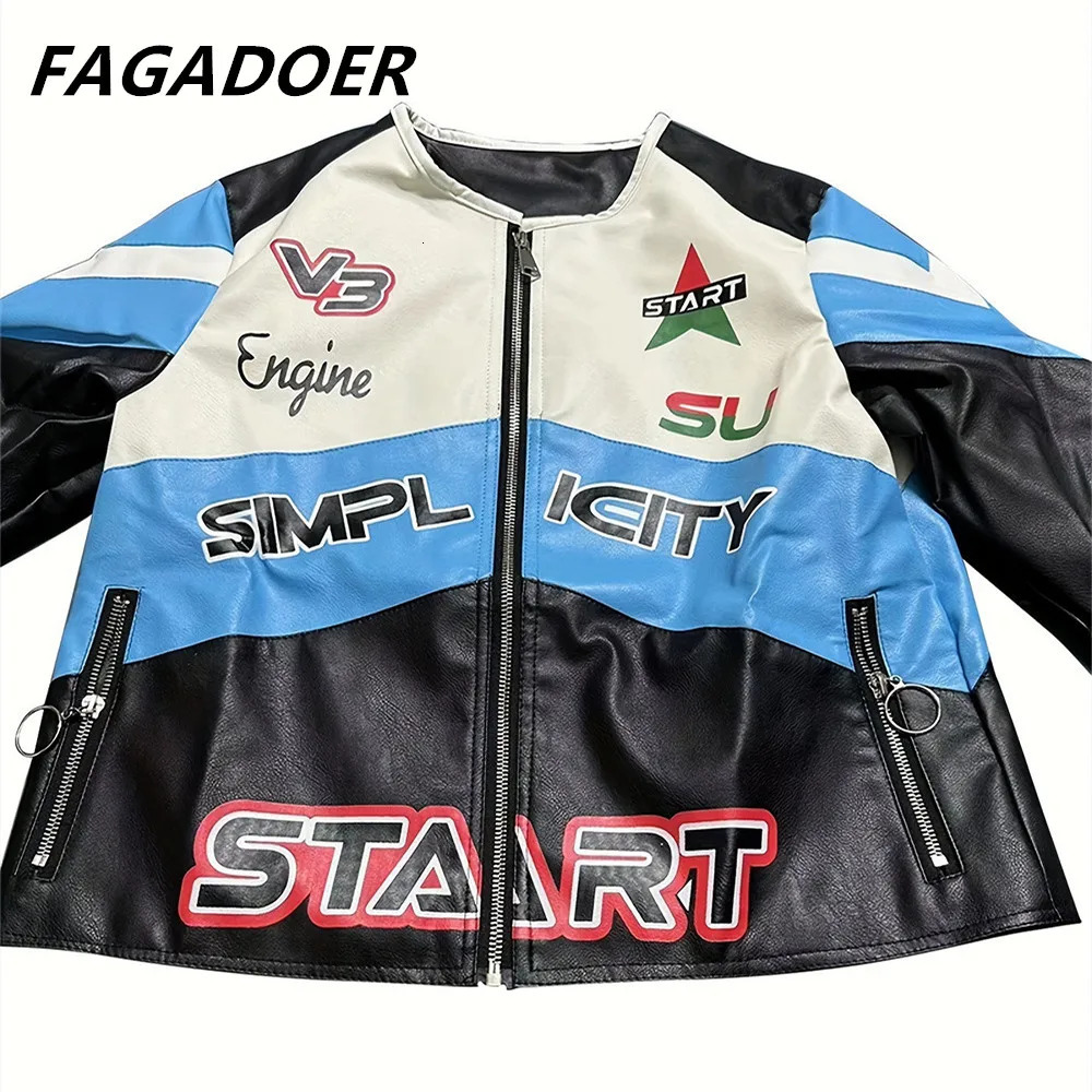 FAGADOER Fashion Street Style Women PU Leather Long Sleeve Zipper Crop Jacket Female Letter Printed Stitching Slim Coat Top 240510