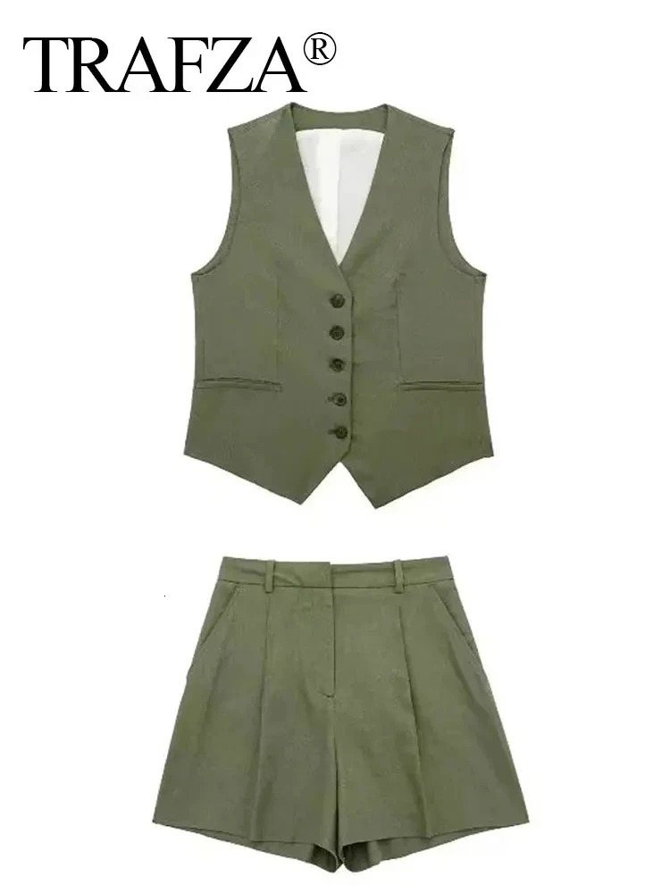 TRAFZA Vest Shorts Suit For Women Fashion Khaki Single Breasted Waistcoat Top Slim Pant Sets Female Casual Streetwear 240423