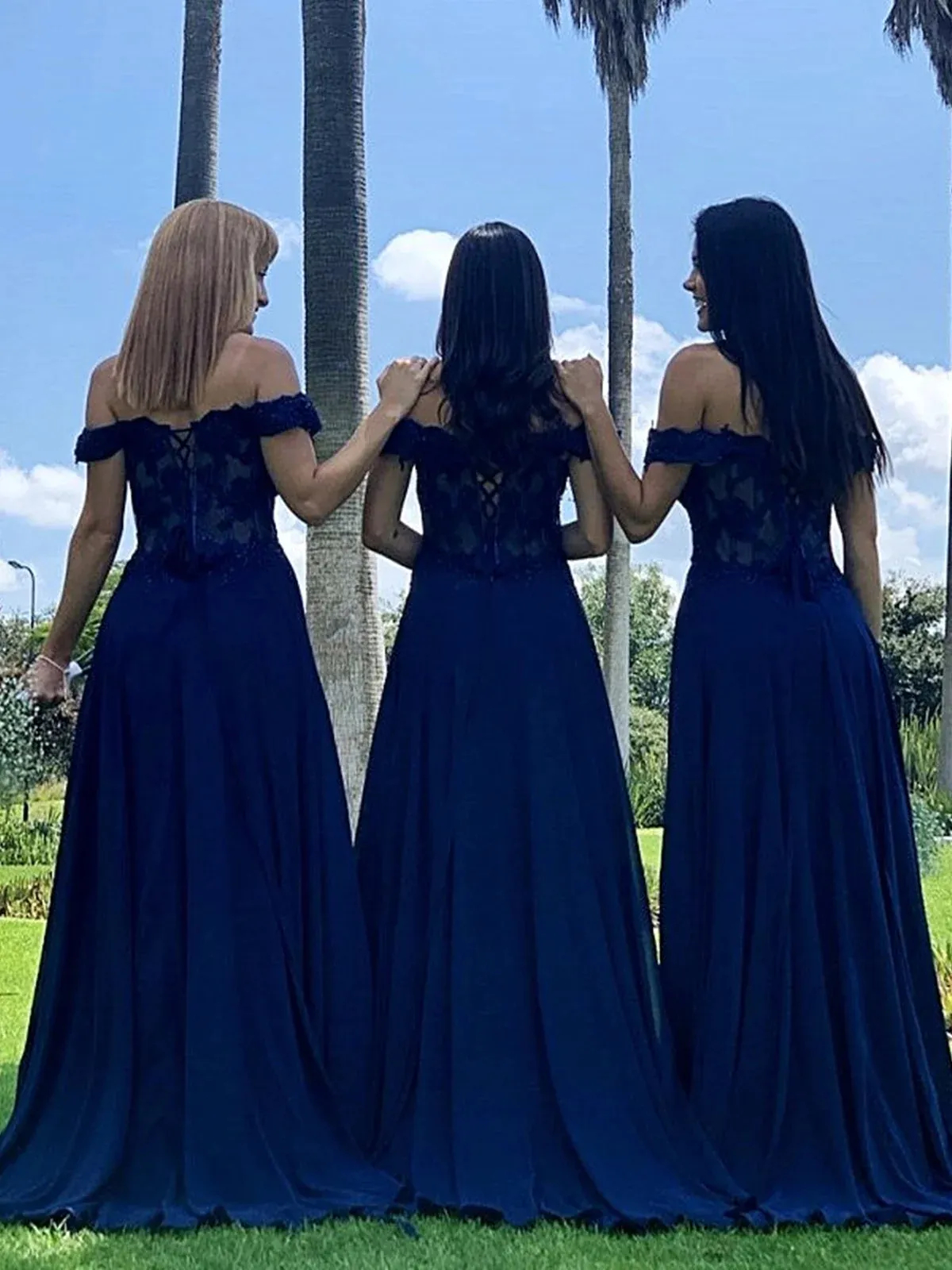 Navy Long Chiffon Bridesmaid Dresses A Line Lace Appliques Off Shoulder Summer Wedding Party Gowns Plus Size Women Formal Dress 2024