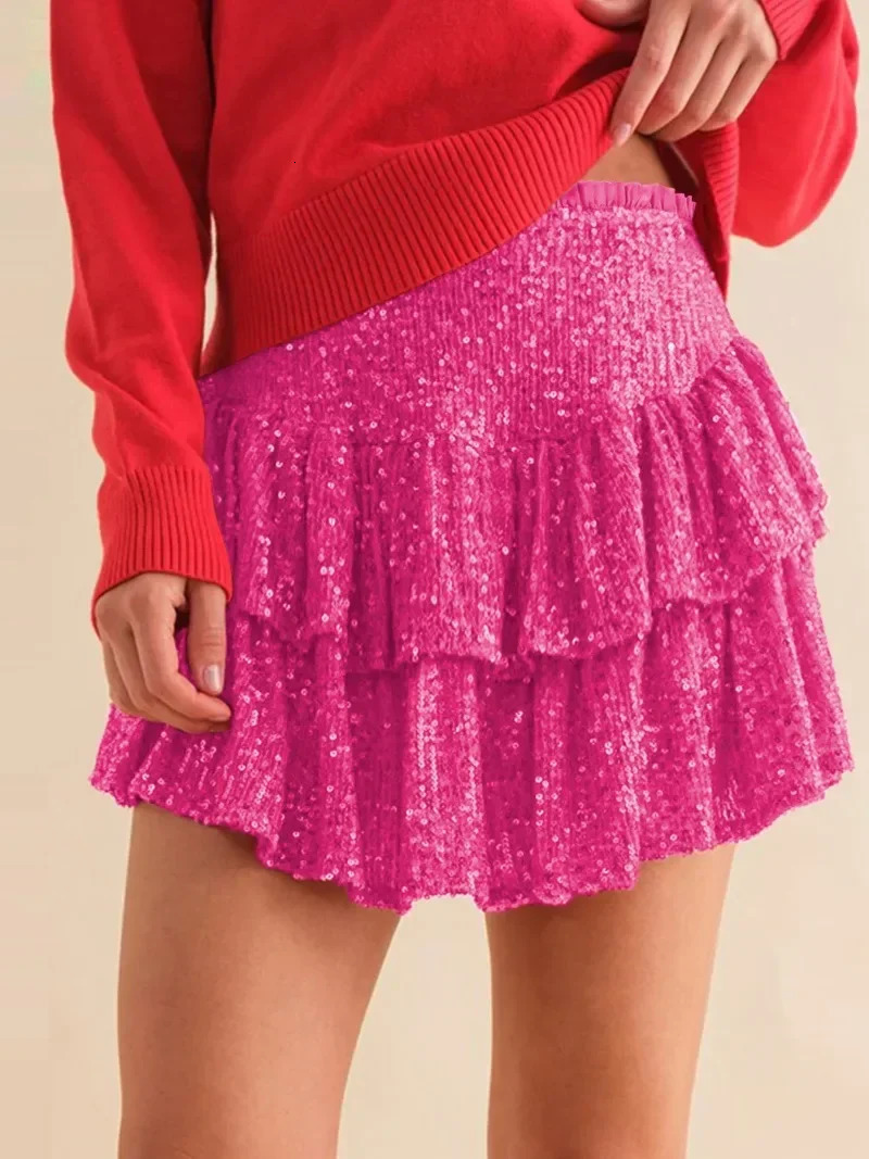 Sequin Summer Pleated Skirts Women Elastic Waist Christmas Party Outfits Sexy Clubwear Bodycon Streetwear Solid Femme 240506