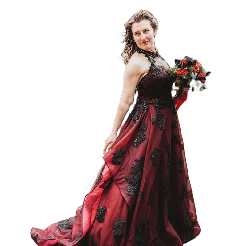 Black And Burgundy Gothic Wedding Dresses A Line Halter Neck Sleeveless Open Back Country Bridal Gowns Lace Appliques Court Train 2024 Vestido De Novi