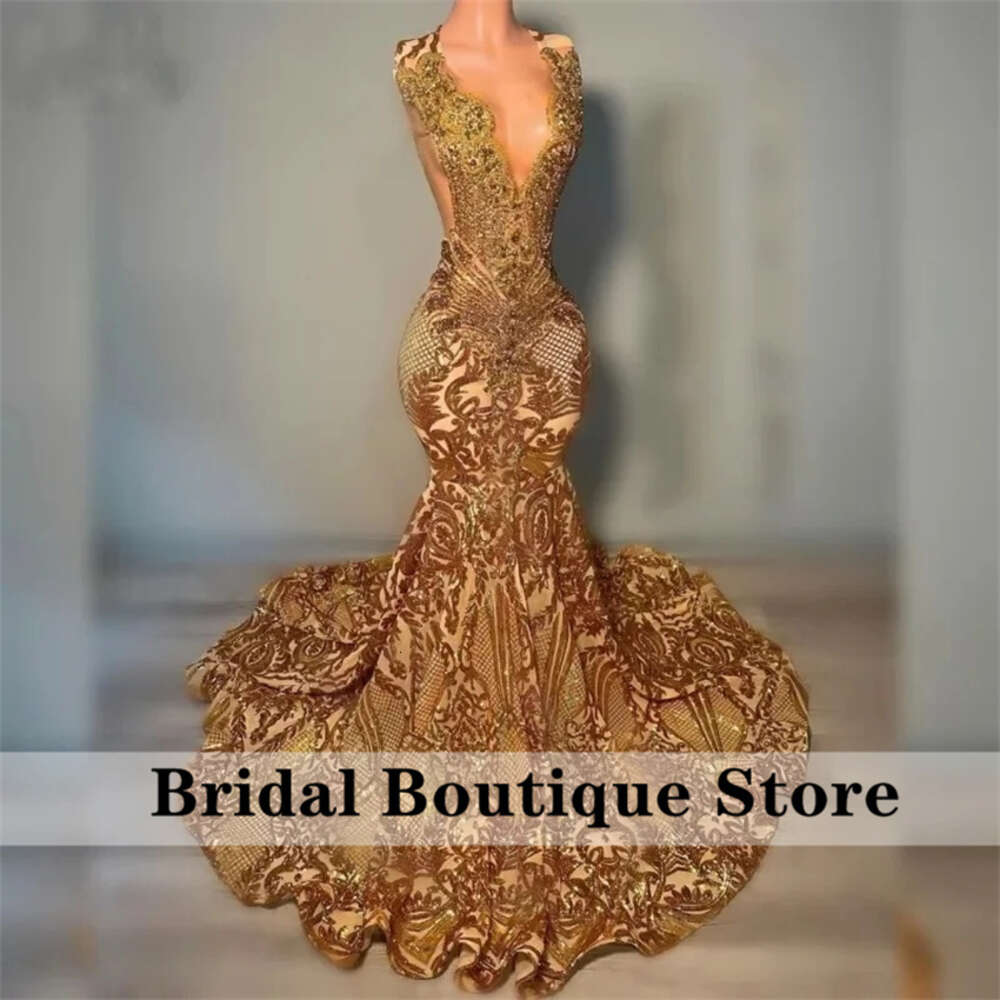 New Design Gold Dias Prom Dresses For Black Girls Crystal Beading Rhies Sequins Gowns special Birthday Party Dress