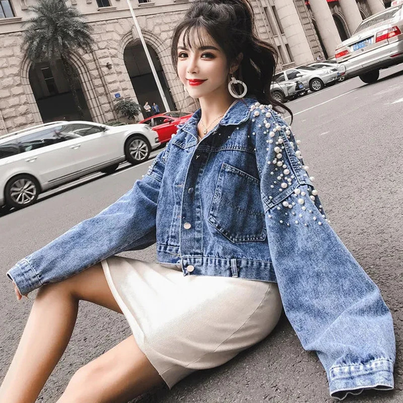 Rimocy Pearls Decorate Denim Jacket Women Autumn Turn Down Collar Loose Cropped Coat Woman Button Long Sleeve Jeans Jackets 240423