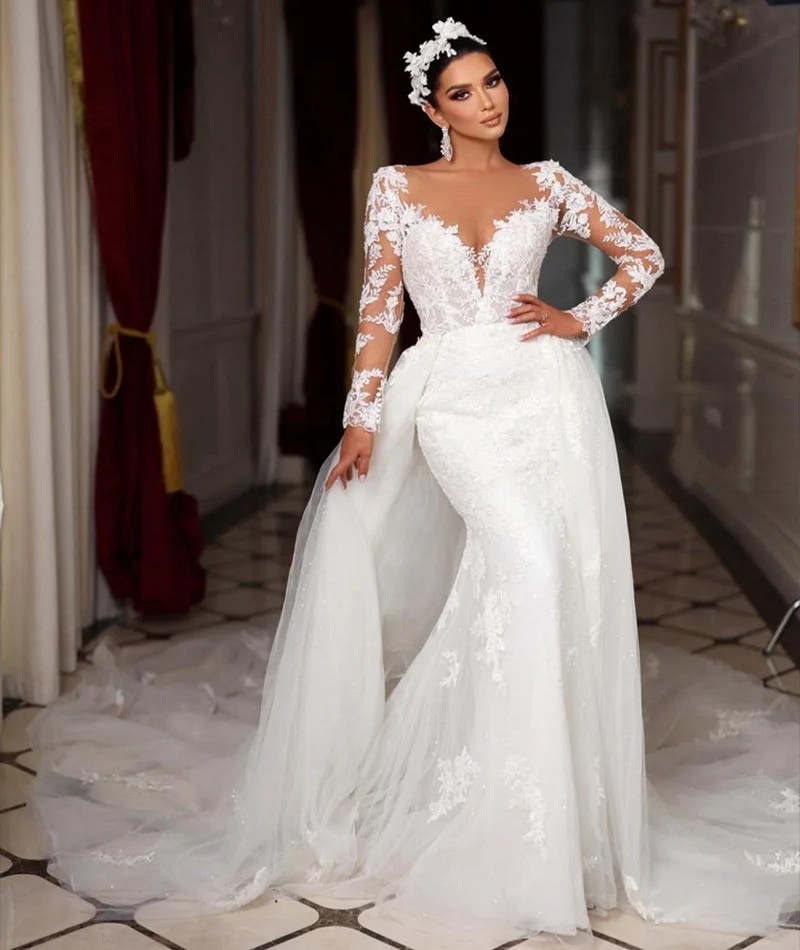 Mermaid Wedding Dresses 2025 With Detachable Train Sheer Neck Lace Appliques Beads Long Sleeves Dubai Women Moden Bridal Gowns Vestidos De Novia