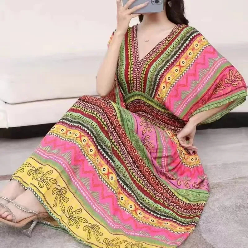 Women Indian Dress Vintage Korean Style Bohemian Floral Casual Loose Vestidos Robe Maxi VNeck Cotton Long Dresses for 240509