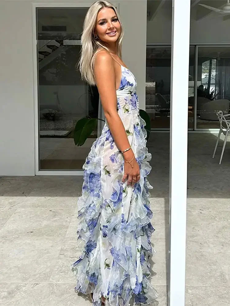 Womens Elegant Printed Camisol Long Dress Open Back Slim Fit Retro Womens Fashion Dress Holiday Leisure Unique Beach Book 240426