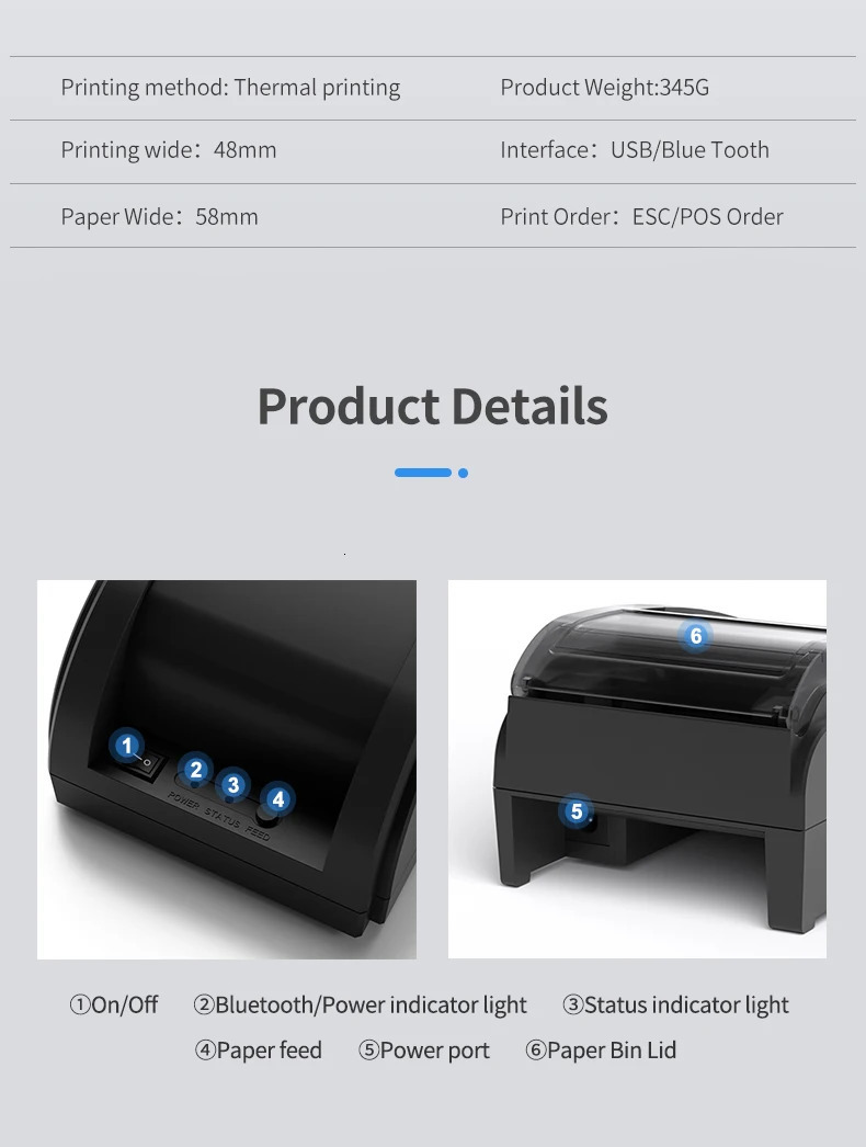 58MM USBBluet Thermal Receipt Printer High Speed Printing 80mm/sec Compatible with ESC/POS Print Commands for restaurant 58A 240430