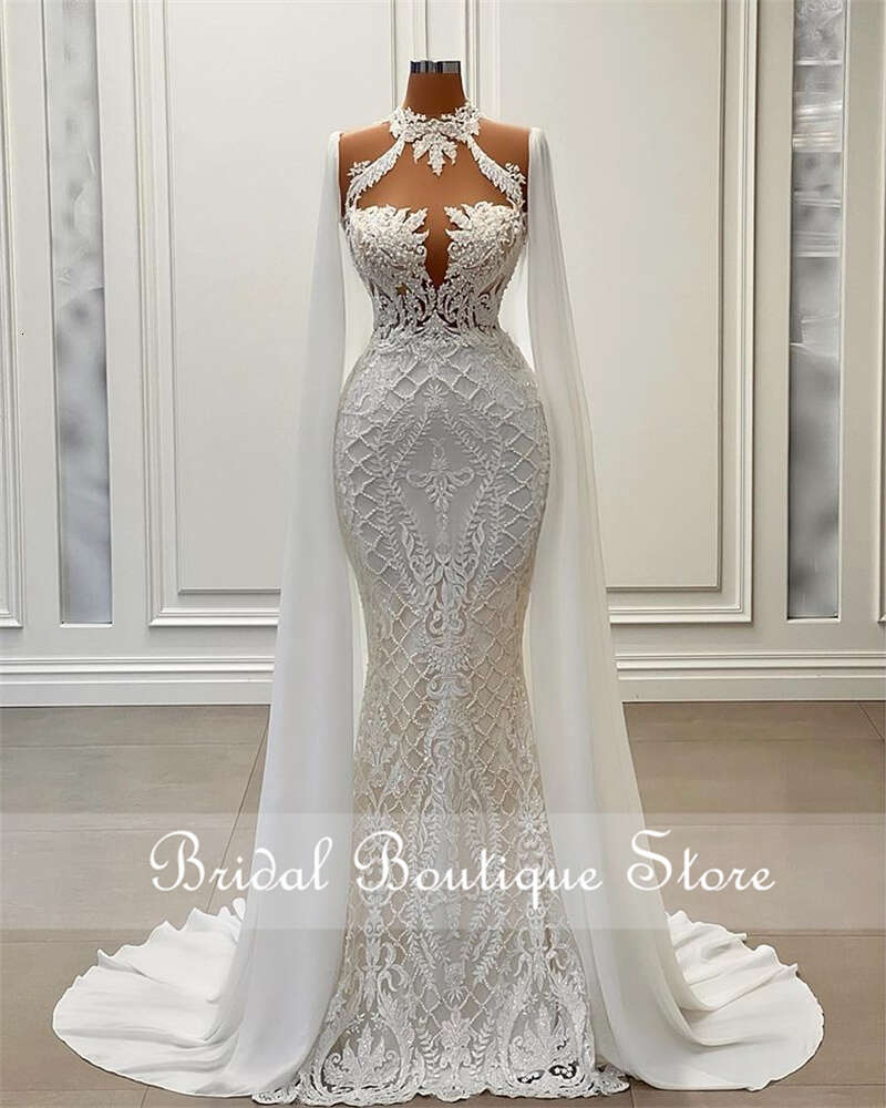 New Design 2023 Handmade Pearls Mermaid special Dresses Long Cape Lace Appliques Halter Beading Robe De Mariee