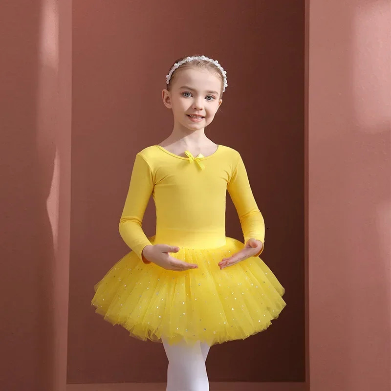 Short /Long Sleeves Tulle Bowknot Skate Gymnastics Christmas Birthday Party Leotard Dancewear Girls Ballet Dance Tutu Dress Kids 240510