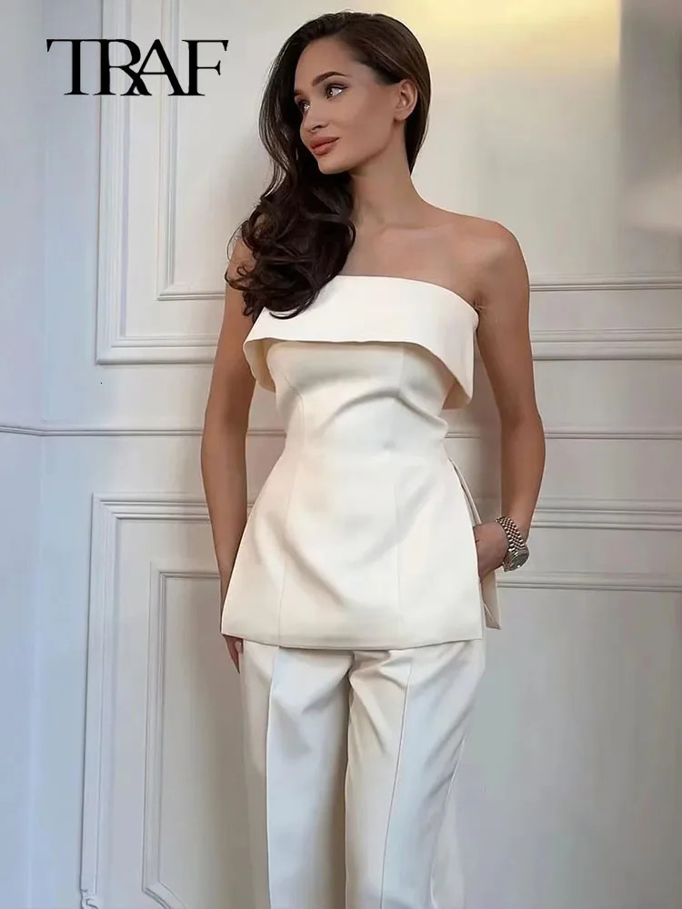 TRAF Women Two Pieces Sets Spring Summer Womens Suit Fashion Vest Wide Leg Pants Outfits 240423