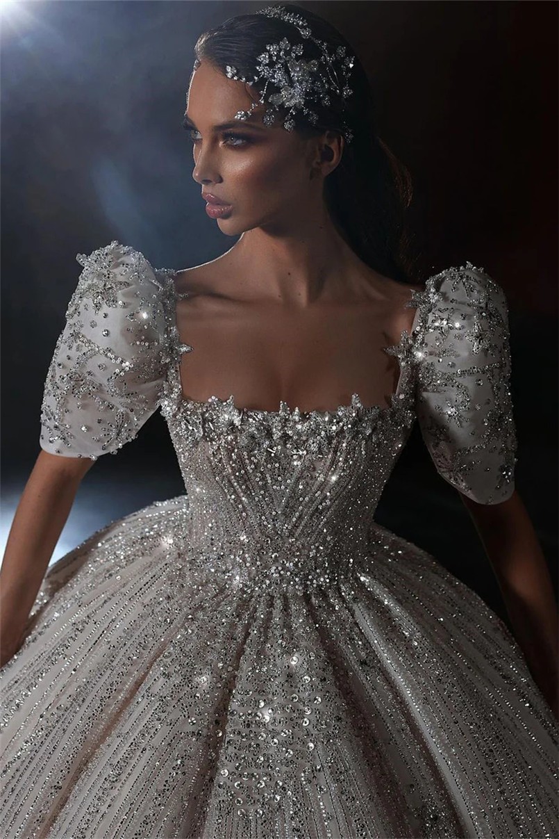 Luxurious Arabic Dubai Ball Gown Wedding Dresses Cap Sleeve Off Shoulder Beadings Crystals Sparkle Sequins Puffy Ruched Bridal Gowns Custom Made BC188