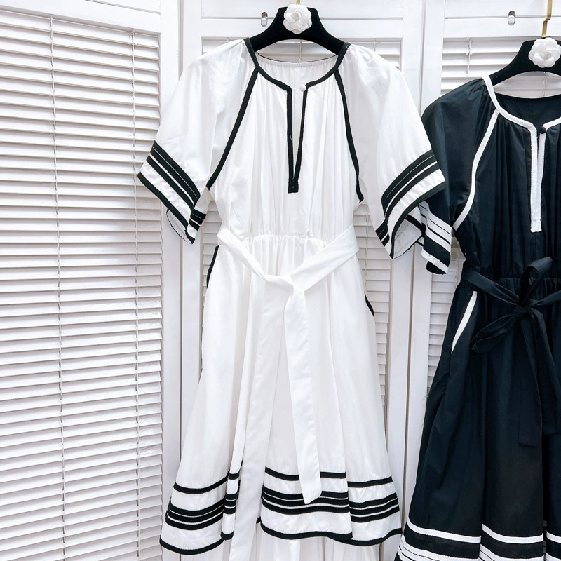 506 XL 2024 Milan Runway Dress Spring Summer Short Sleeve Crew Neck Black White Dresses Womens Dress Fashion High Quality L