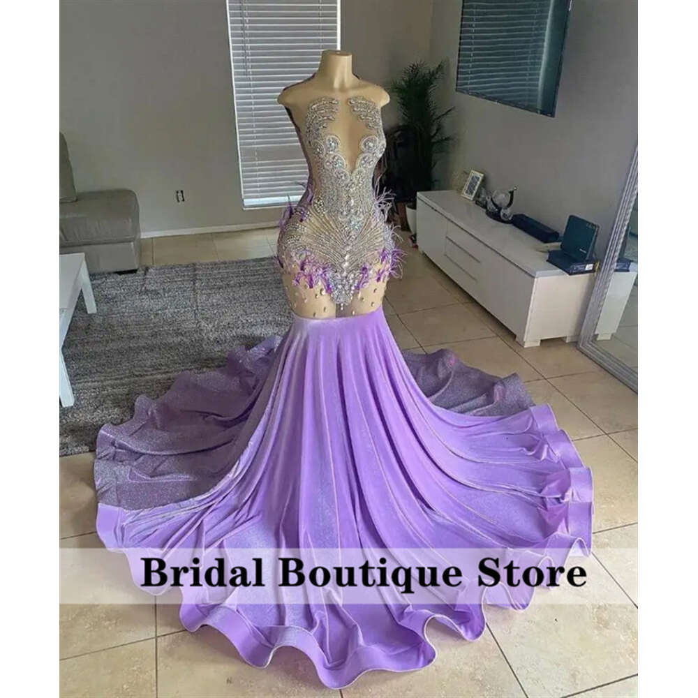 Long Lilac Purple Dias Prom Dress for Black Girls 2024 Beading Crystal Rhies Feather special Birthday Evening Gown