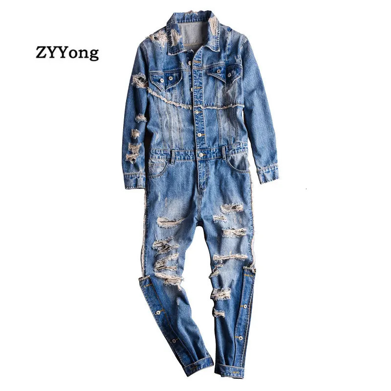 Street mens denim jumpsuit hip-hop street clothing hole cracked jeans full set slotted cargo pants fashion cargo ship 240510
