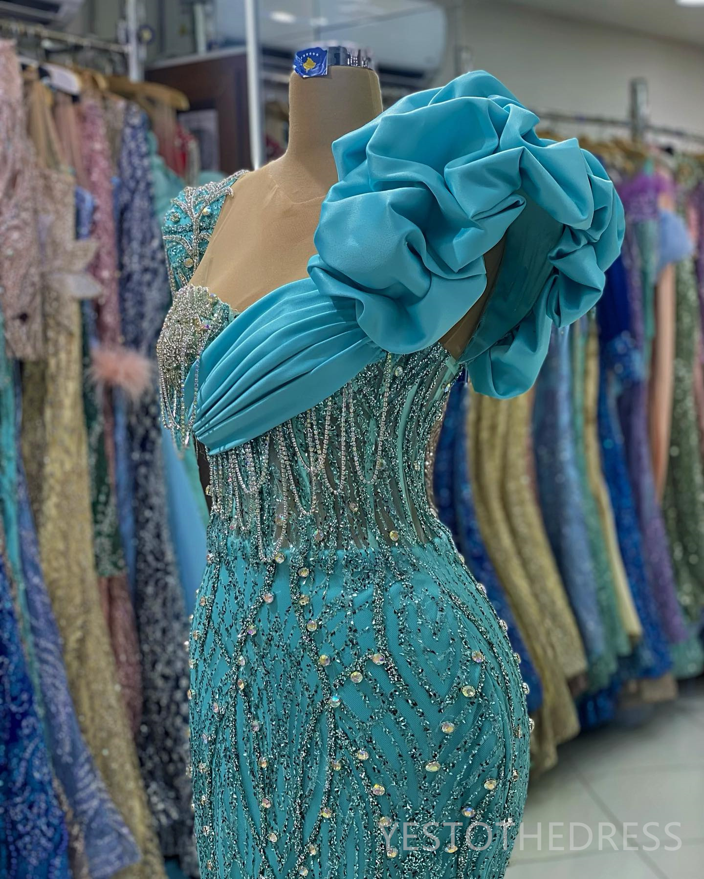 2024 Blue Plus Size Prom Dresses for Special Occasions Promdress Sheer Neck Beaded Lace Beading Tassel Rhinestone Birthday Party Dress Second Receptio