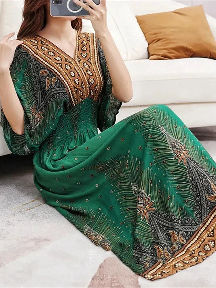 Women Indian Dress Vintage Korean Style Bohemian Floral Casual Loose Vestidos Robe Maxi VNeck Cotton Long Dresses for 240509