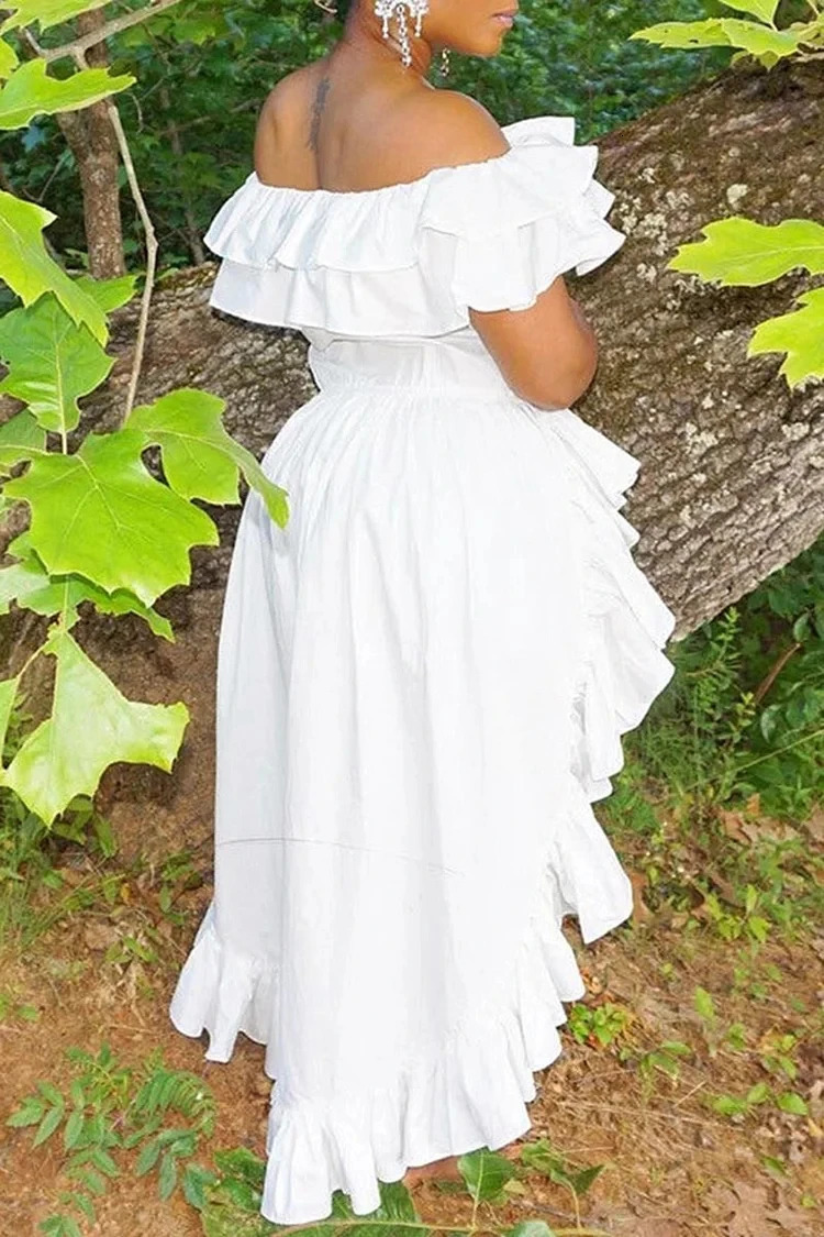 Plus Size White Ruffle Irregular Off Shoulder High Low Mini Dresses 240420