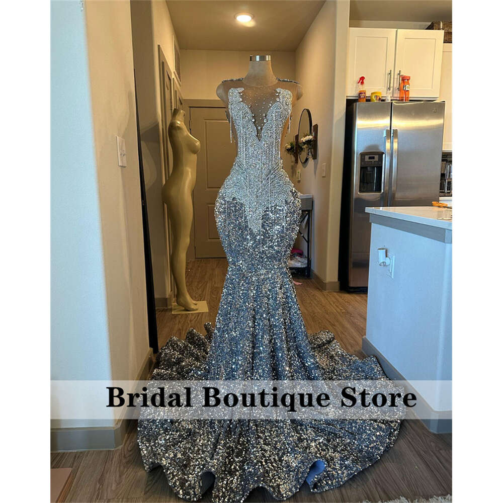 Shiny Sier Diamonds Prom Dress Glitter Crystals Rhinestones Beads Tassels Sequins Birthday special Party Evening Gown