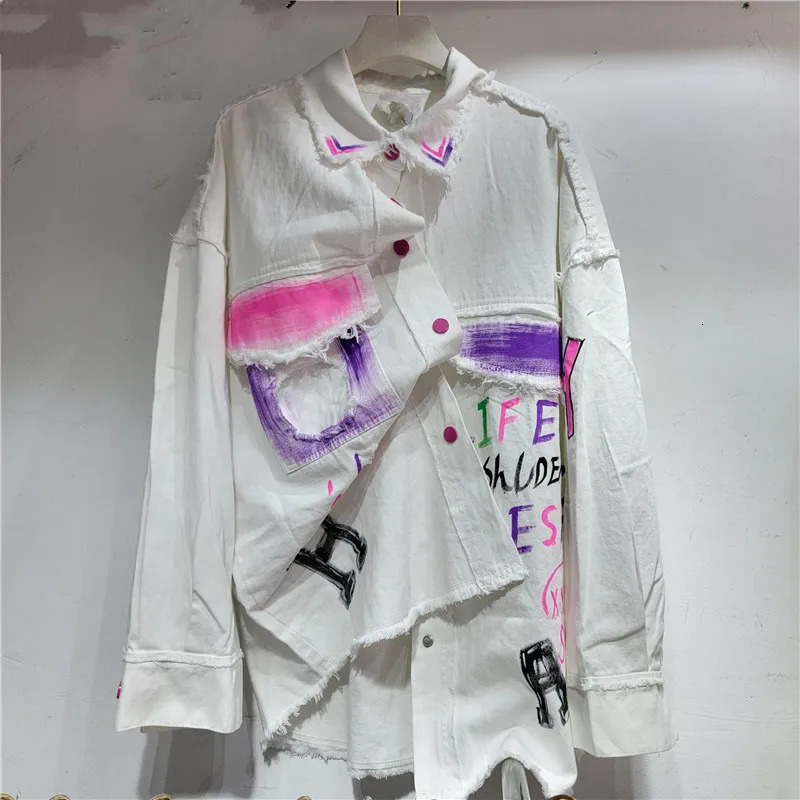 Spring Autumn Long Sleeve Denim Jacket Shirt Women Washed Worn Printed Casual Fashion Loose Street Style 240423