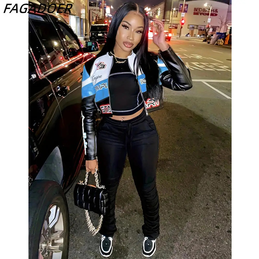 FAGADOER Fashion Street Style Women PU Leather Long Sleeve Zipper Crop Jacket Female Letter Printed Stitching Slim Coat Top 240510