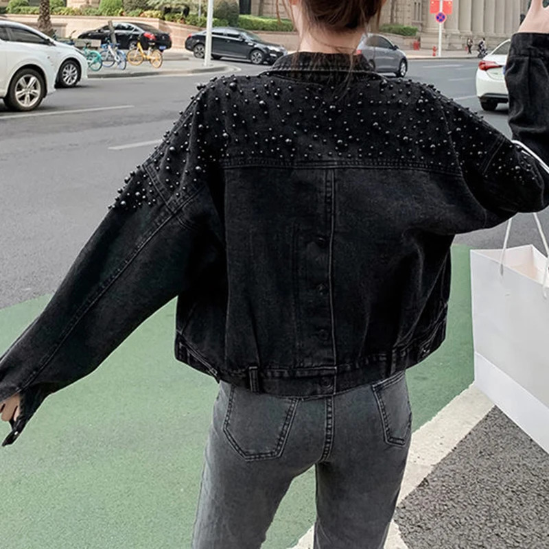 Rimocy Pearls Decorate Denim Jacket Women Autumn Turn Down Collar Loose Cropped Coat Woman Button Long Sleeve Jeans Jackets 240423