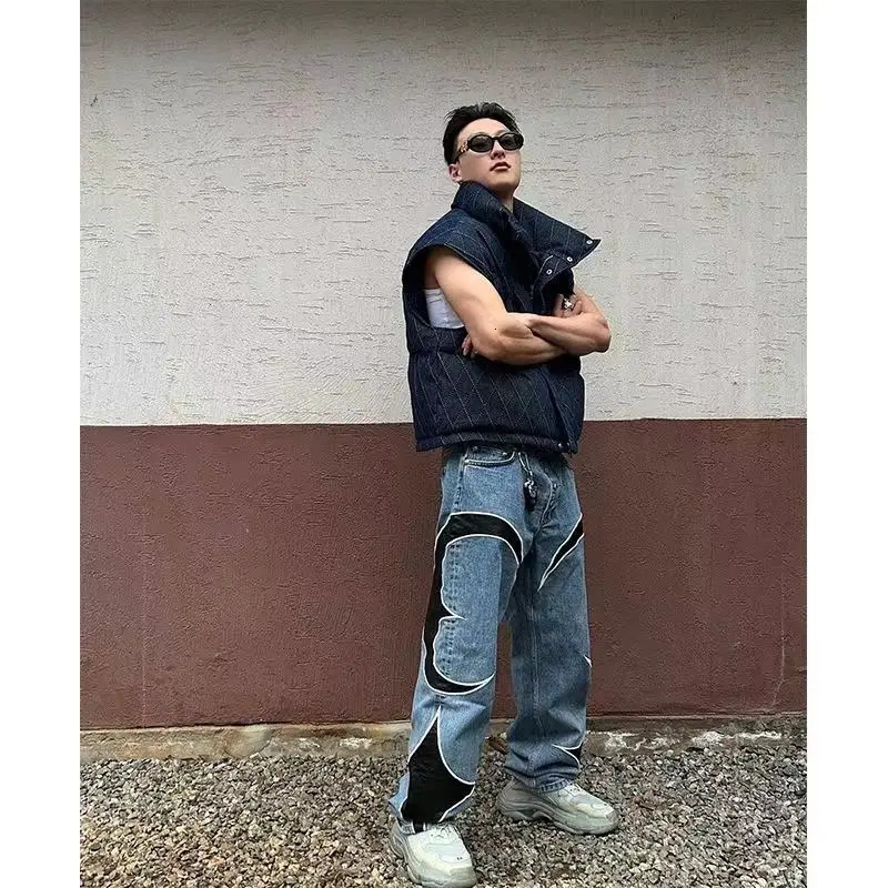 Y2k Men Black Baggy Jeans Spliced Leather High Street Loose Straight Casual Trousers Hip Hop Harajuku Pants Streetwear 240429