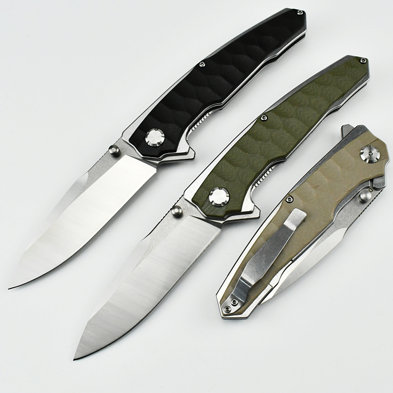 High Quality Ball Bearing Flipper Folding Knife D2 Satin Blade G10 with Stainless Steel Sheet Handle Outdoor Camping Hiking Survival Tactical Knives
