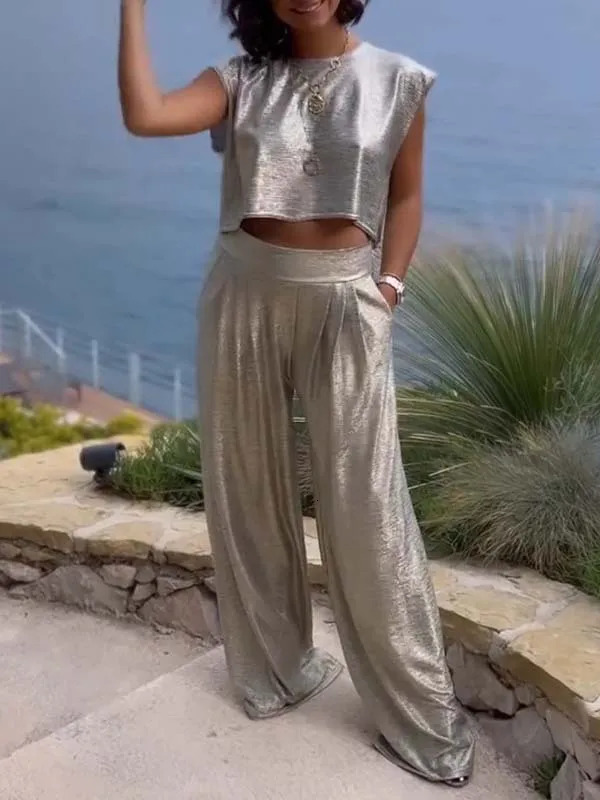 Summer Fashion Gloss Two Piece Set Women Sleeveless Top Wide Leg Pants 240423