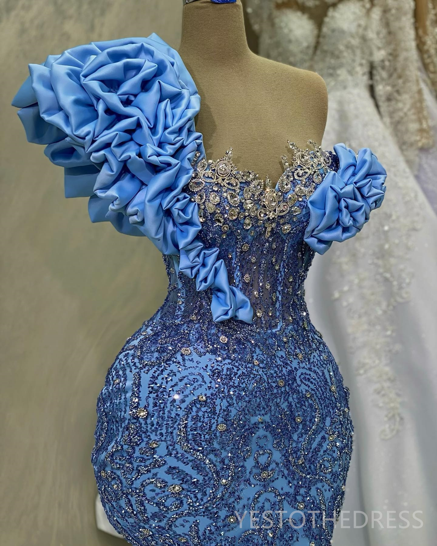 2024 Blue Plus Size Prom Dresses for Special Occasions Promdress One Shoulder Beaded Lace Rhinestone Decorated Birthday Party Dress Second Reception G