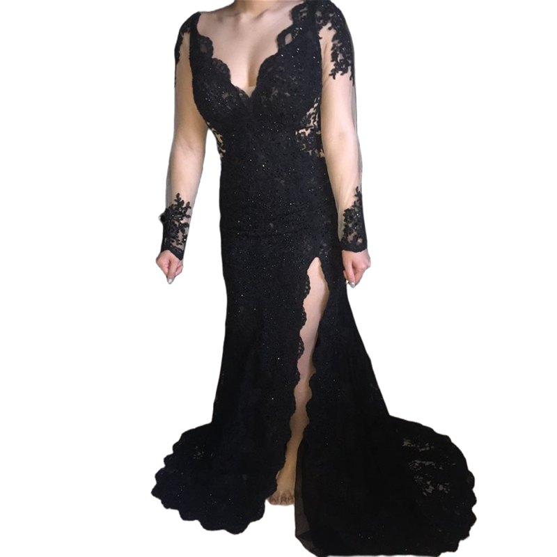 Sexy Backless Lace Mermaid Evening Dresses Side Slit Sexy Long Sleeves Black Formal Dress For Women 2024 Deep V-Neck Prom Party Gowns