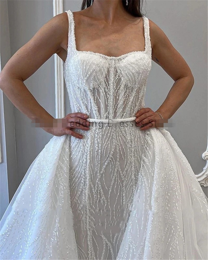 Glitter Sequins Mermaid Wedding Dresses 2025 With Detachable Train Strapless Beads Dubai Women Moden Mermaid Bridal Gowns Vestidos De Novia